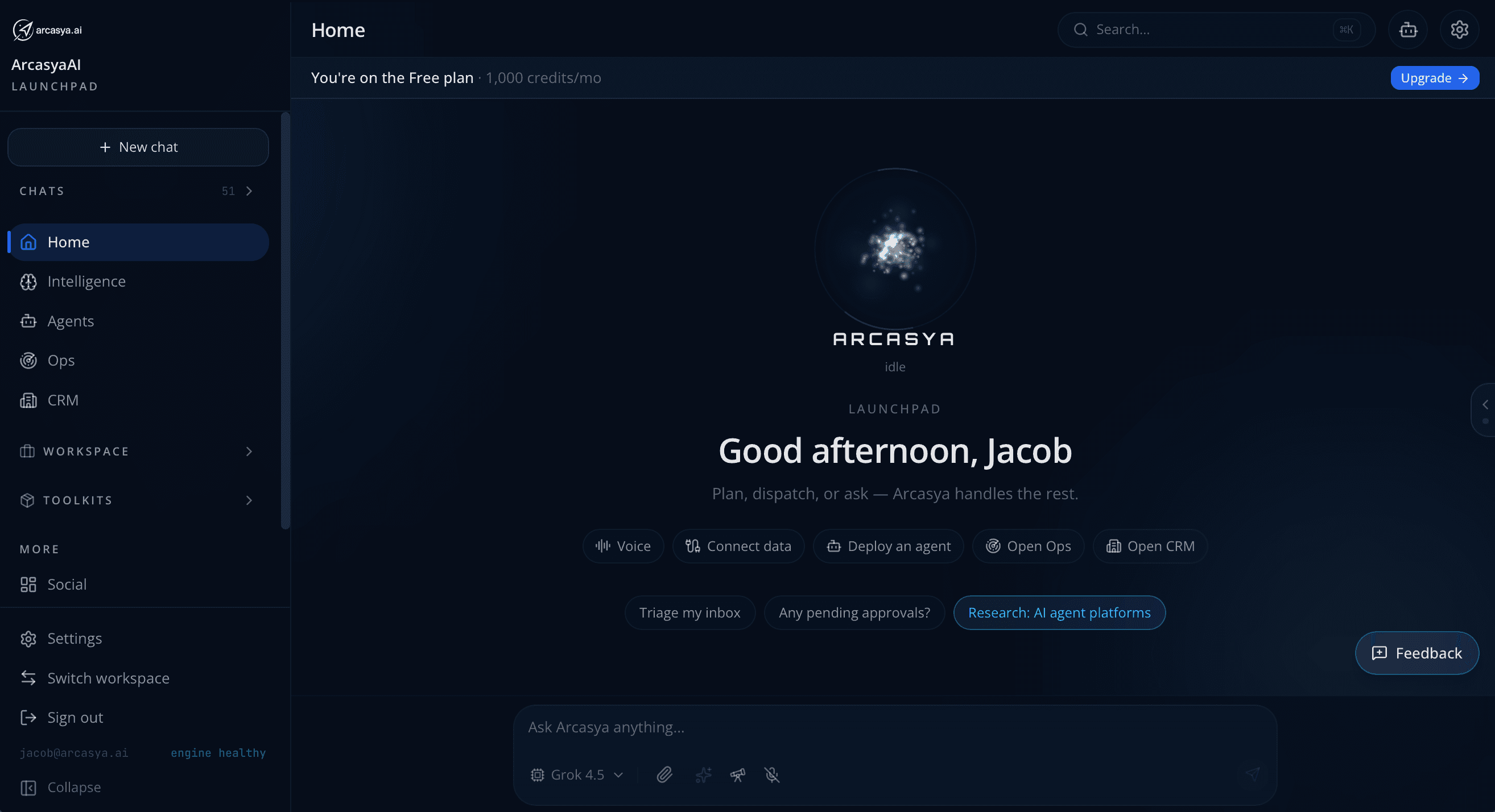 LaunchpadOS home — Arcasya orb, quick actions, and the ask-anything bar